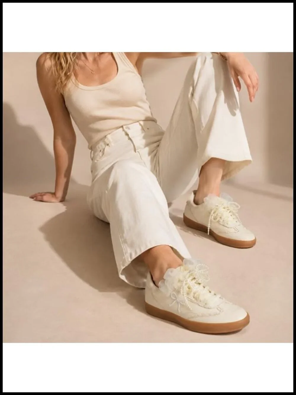 Vegan Leather Pearl Organza Ribbon Vintage Sneakers Low Top Lace-Up Fashion